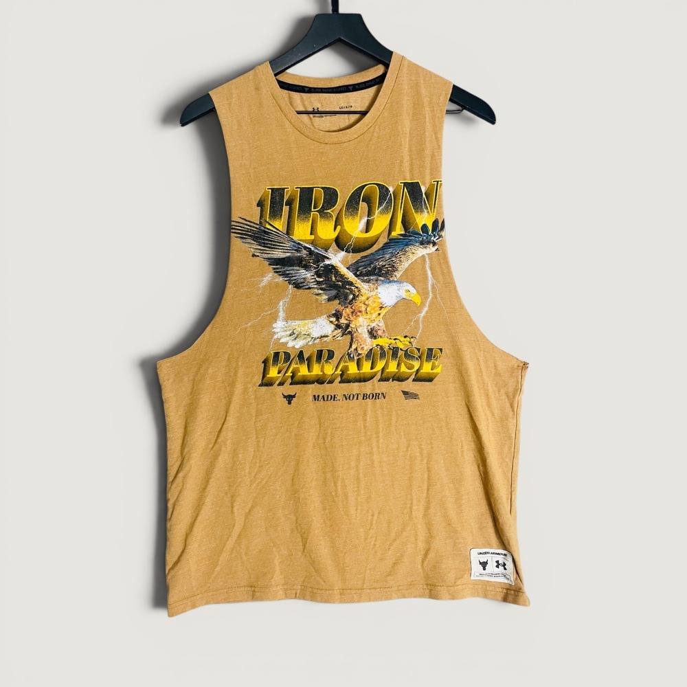 Under Armour Project Rock Iron Paradise Muscle Tank Top Mens Large Yellow Eagle
